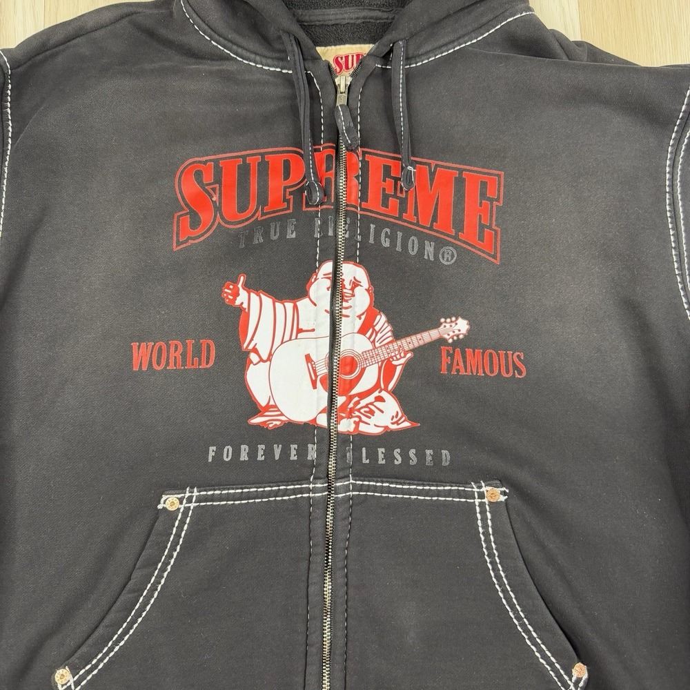 Supreme x True Religion Full Zip Hooded Fleece Graphic Print Hoodie Black Large - Picture 3 of 16